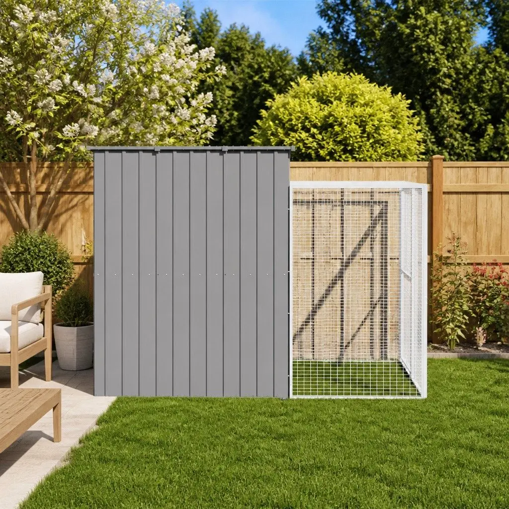 Dog House with Run Galvanised Steel Light Grey Outdoor Pet Kennel Enclosure