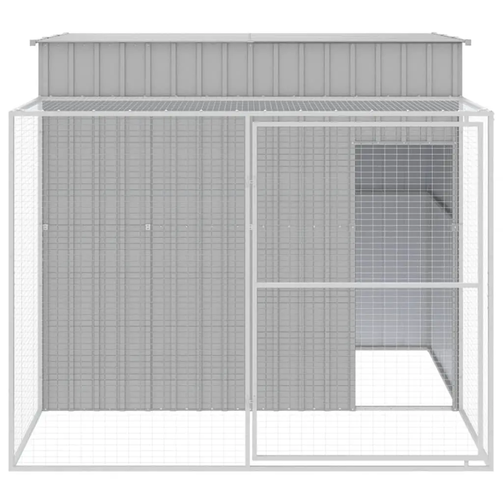 Dog House with Run Galvanised Steel Light Grey Outdoor Pet Kennel Enclosure