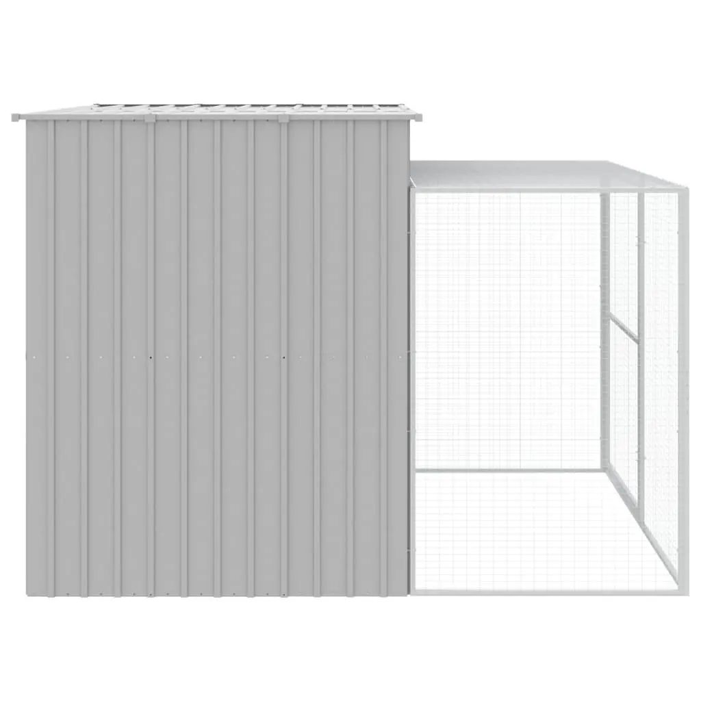 Dog House with Run Galvanised Steel Light Grey Outdoor Pet Kennel Enclosure