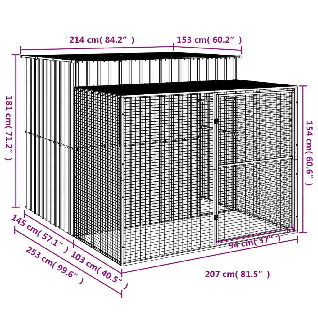 Dog House with Run Galvanised Steel Light Grey Outdoor Pet Kennel Enclosure