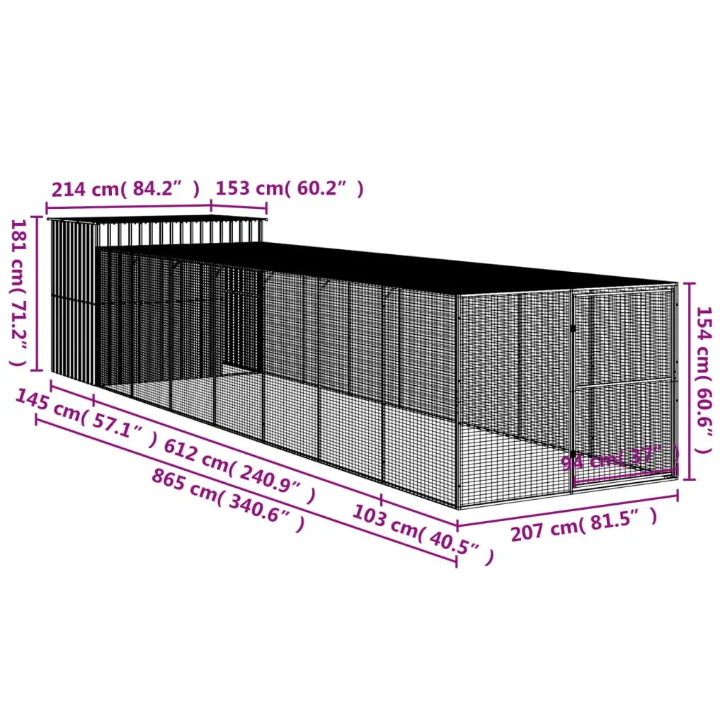 Dog House with Run Galvanised Steel Light Grey 214 x 865 x 181 cm
