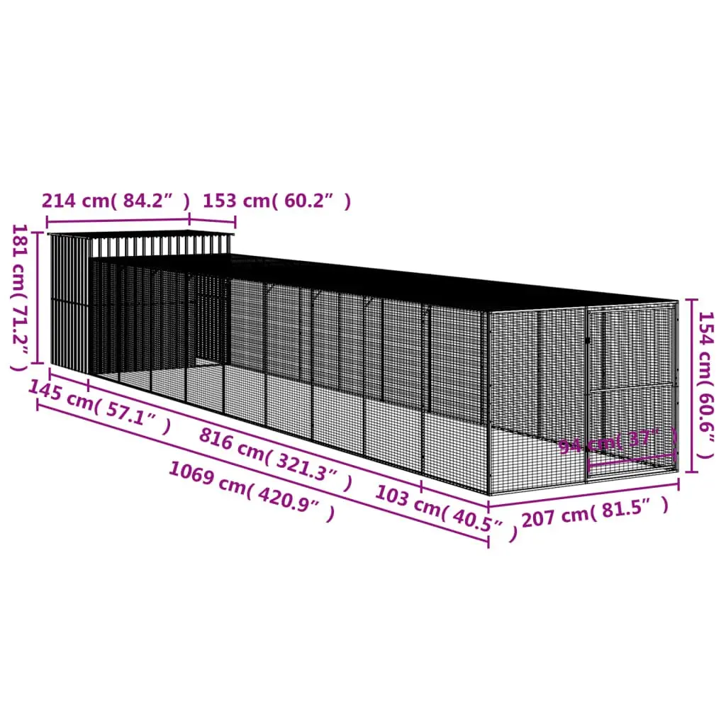 Dog Kennel Galvanised Steel Outdoor House with Run Grey 214 x 1069 x 181 cm