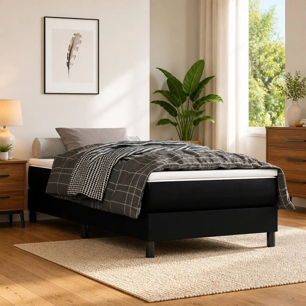 Box Spring Bed Frame Black Faux Leather King Single