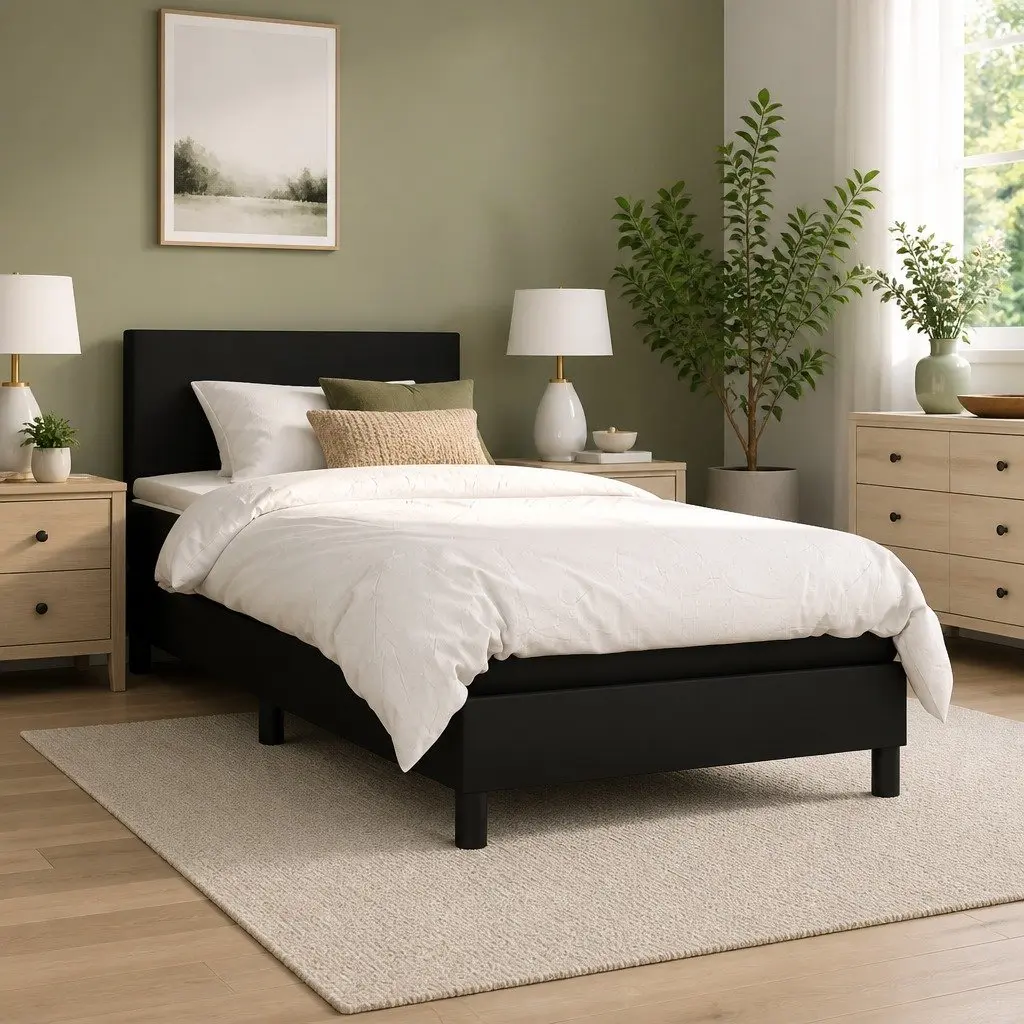Box Spring Bed with Adjustable Headboard and LED Lights King Single Size Black