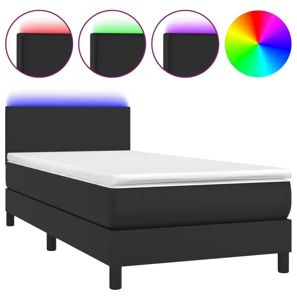 Box Spring Bed with Adjustable Headboard and LED Lights King Single Size Black