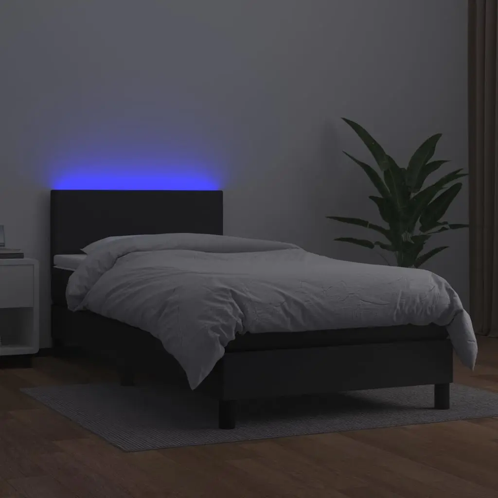 Box Spring Bed with Adjustable Headboard and LED Lights King Single Size Black