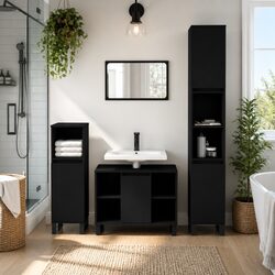 3 Piece Bathroom Furniture Set Black Engineered Wood Cabinet Sink Vanity Storage