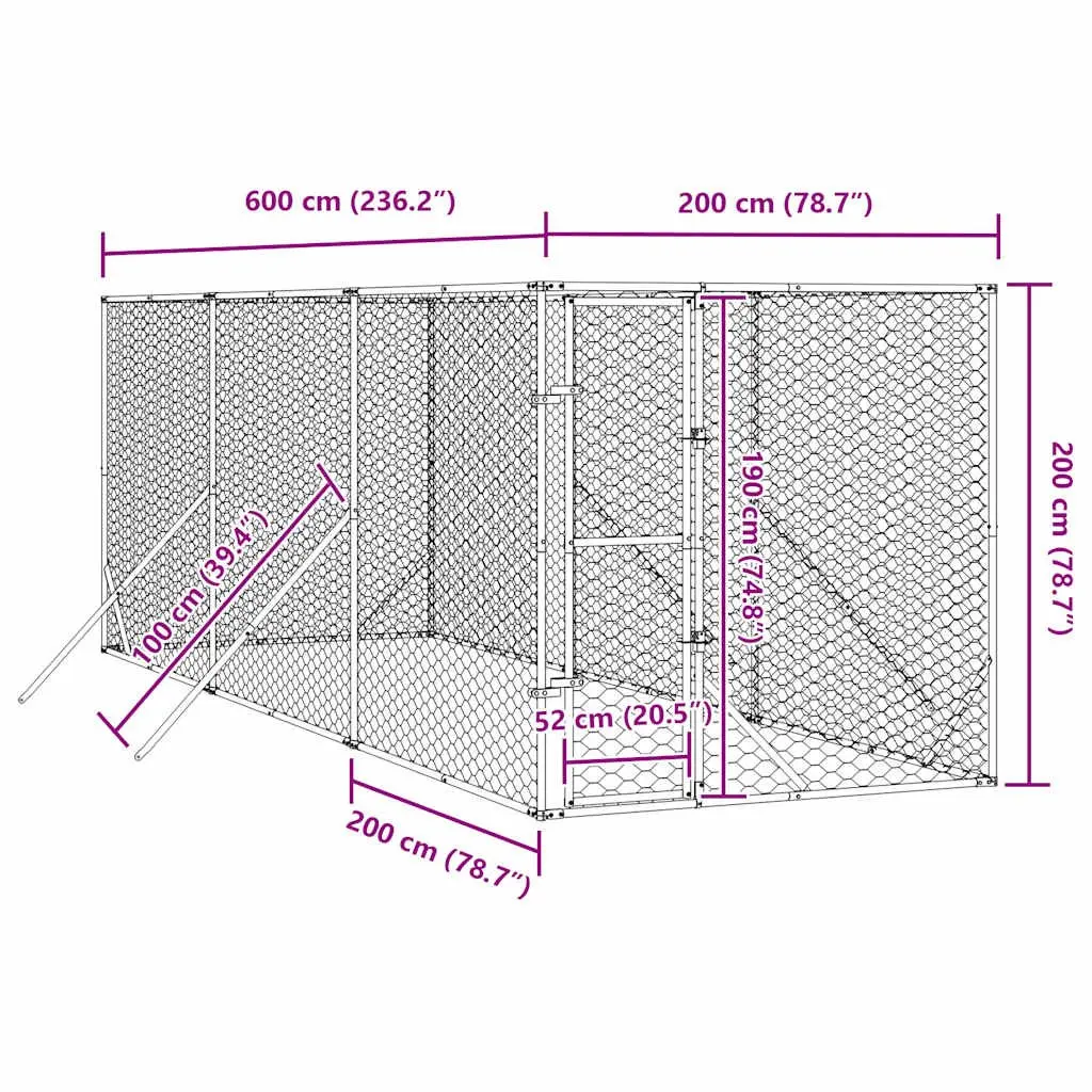 Outdoor Dog Kennel Enclosure Run Silver 2x6x2 m Galvanised Steel Lockable Door