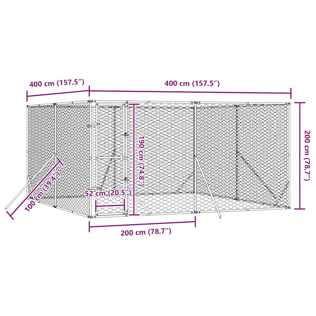 Outdoor Dog Kennel 4x4x2m Silver Galvanised Steel Enclosure Run Cage