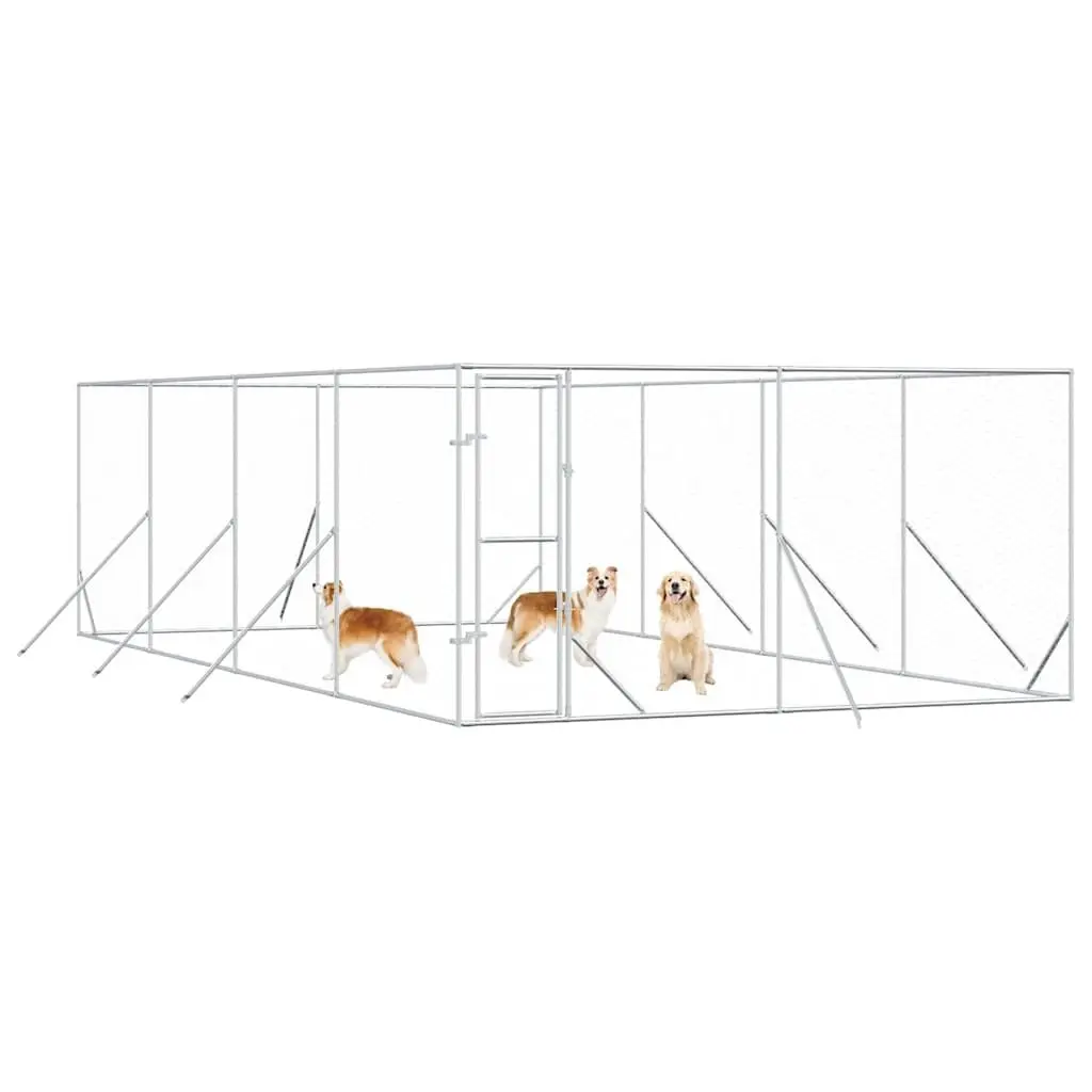 Dog Kennel Run Enclosure Silver Galvanised Steel 4x8x2m Lockable Door