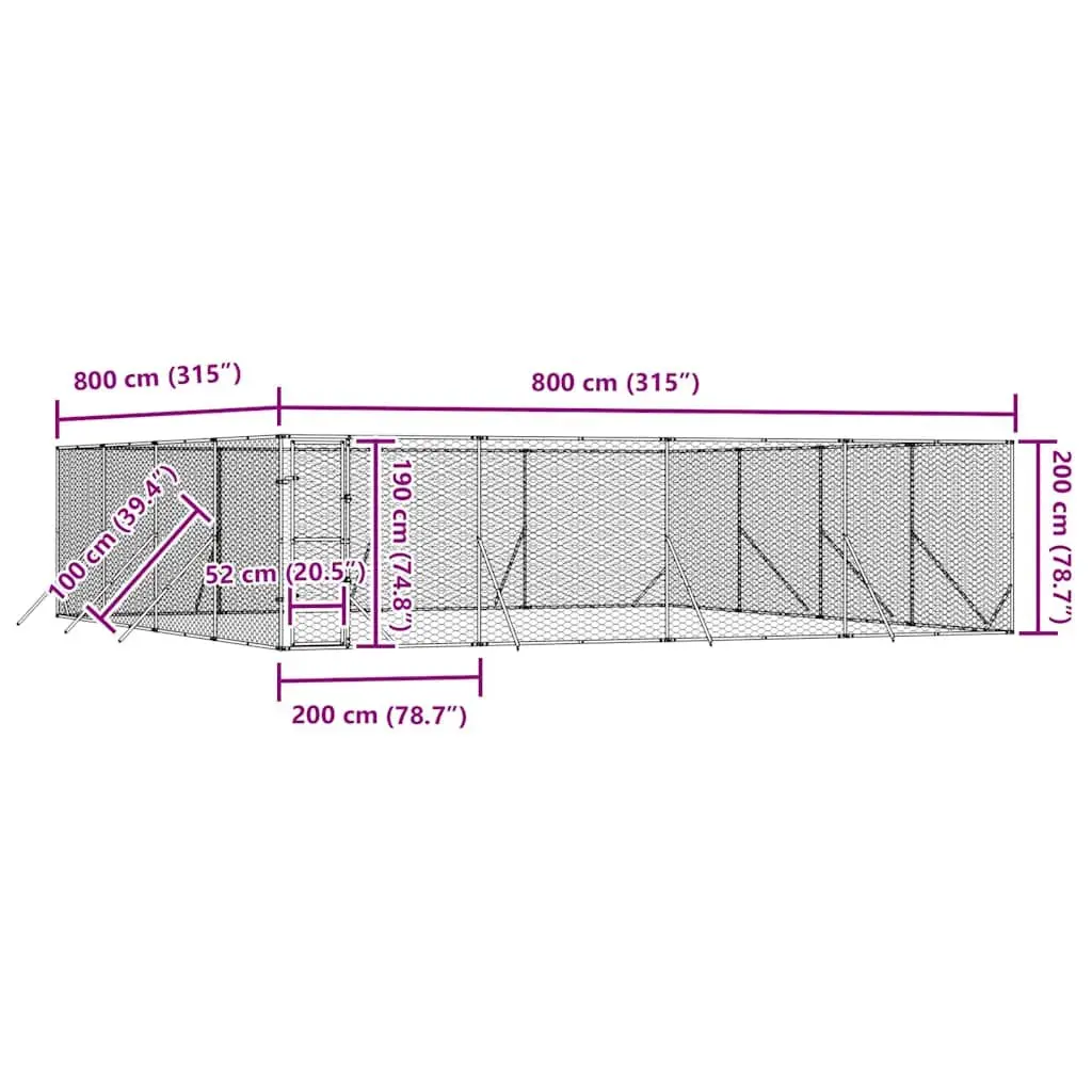 Dog Kennel Run Enclosure Galvanised Steel Lockable Door Silver 8x8x2m