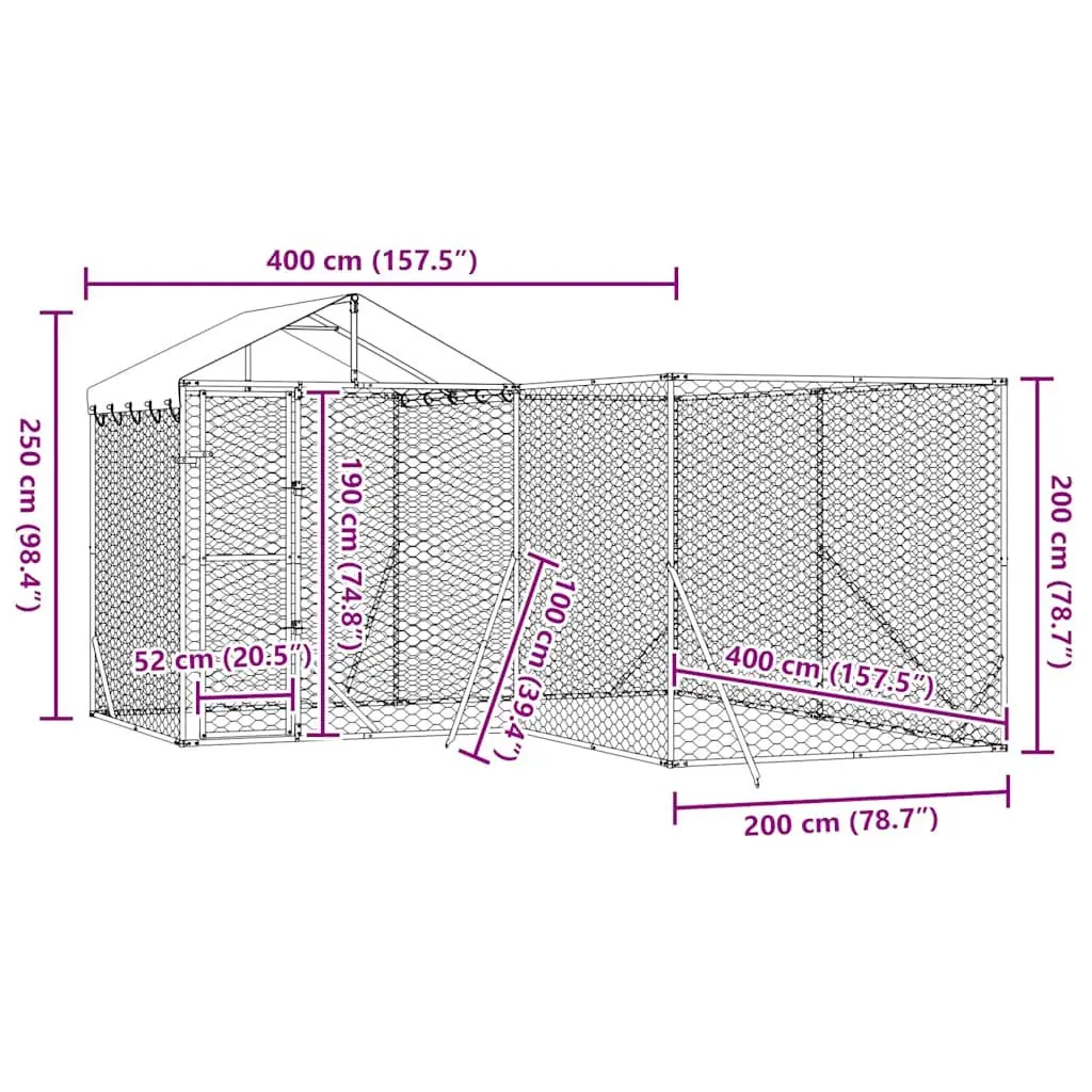 Outdoor Dog Kennel with Roof Silver 4x4x2.5m Galvanised Steel Pet Enclosure Run