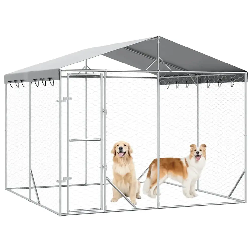 Dog Kennel Spacious Outdoor Enclosure with Roof Galvanised Steel 3 x 3 x 2.5 m