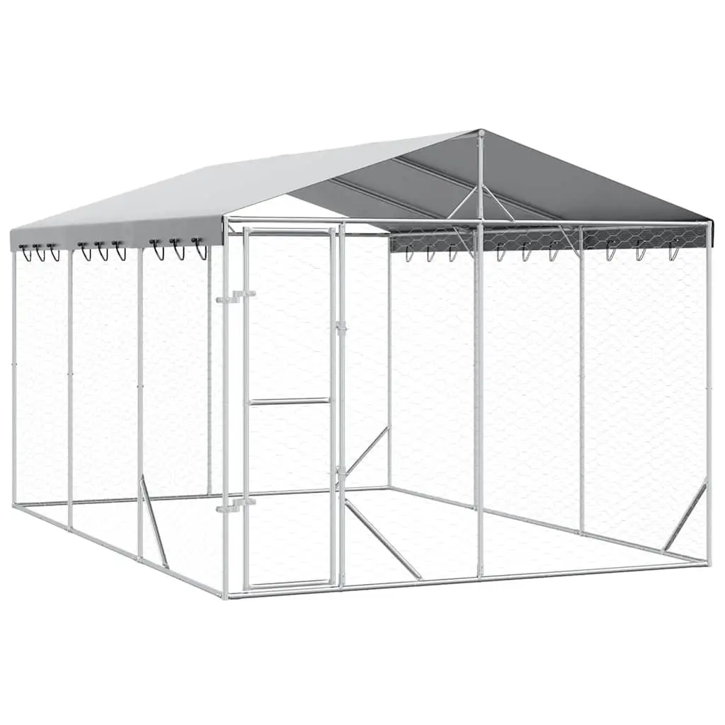 Dog Kennel Run with Roof Galvanised Steel Silver 3x4.5x2.5m