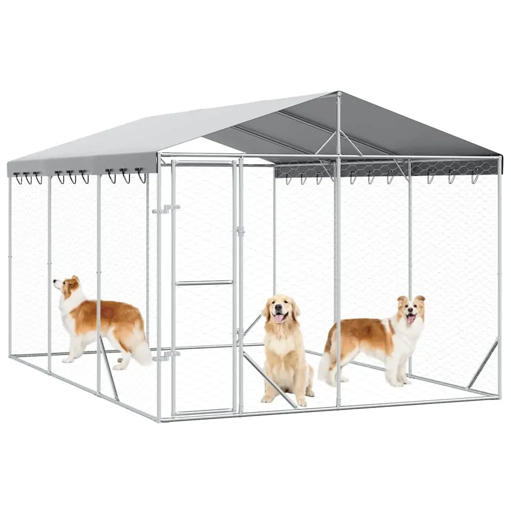 Dog Kennel Run with Roof Galvanised Steel Silver 3x4.5x2.5m