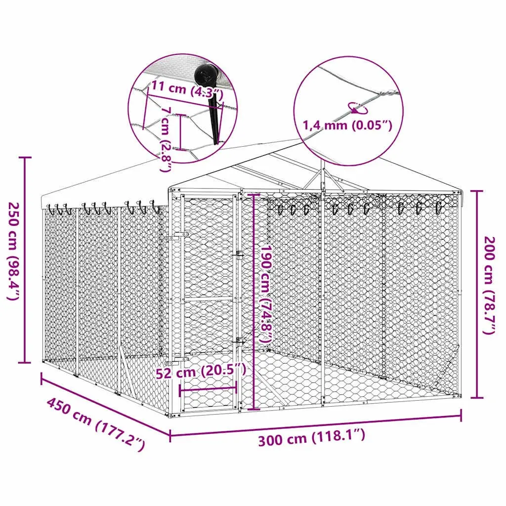 Dog Kennel Run with Roof Galvanised Steel Silver 3x4.5x2.5m