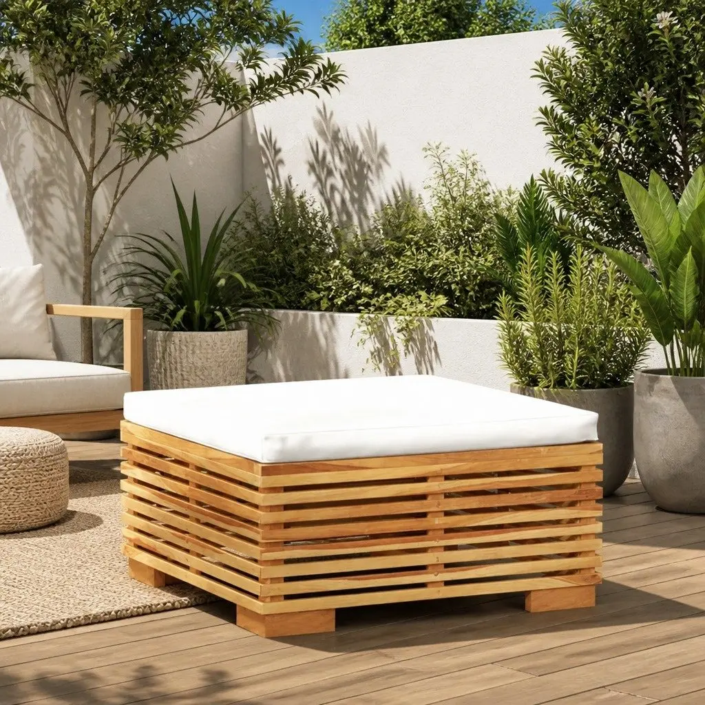 Garden Footrest Solid Teak Wood Outdoor Ottoman Cream Cushion Patio Stool