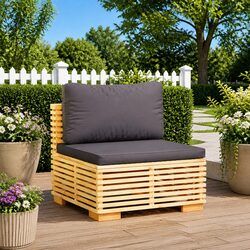 Garden Middle Sofa Section with Grey Cushions Solid Teak Wood Outdoor Sectional