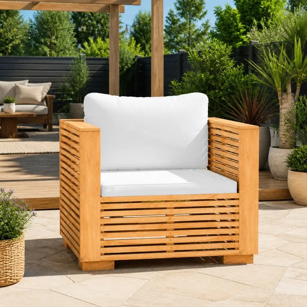 Garden Sofa Chair Sectional Teak Wood Cream Cushions Outdoor