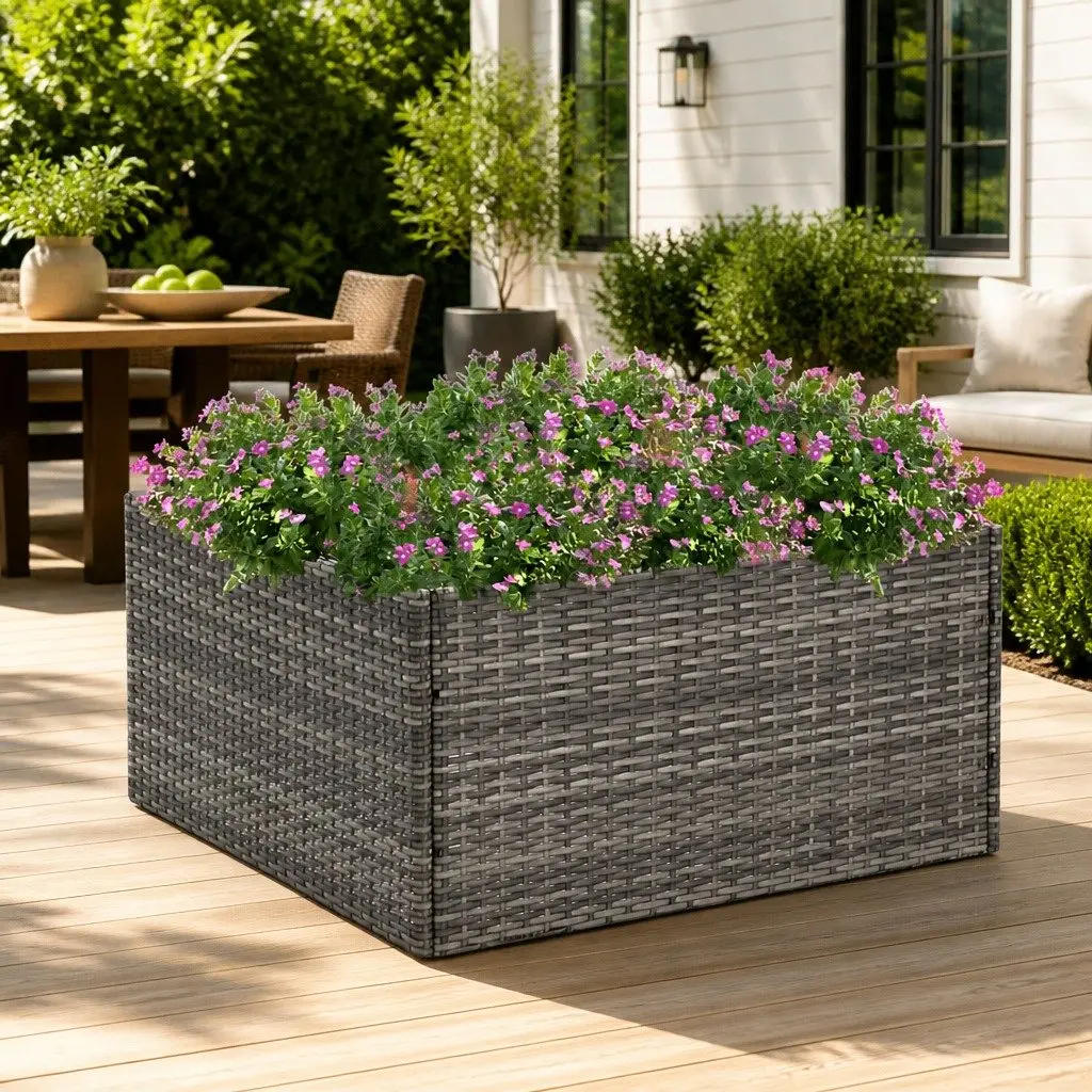 Garden Planter Poly Rattan Outdoor Flower Bed Grey 80x80x40cm
