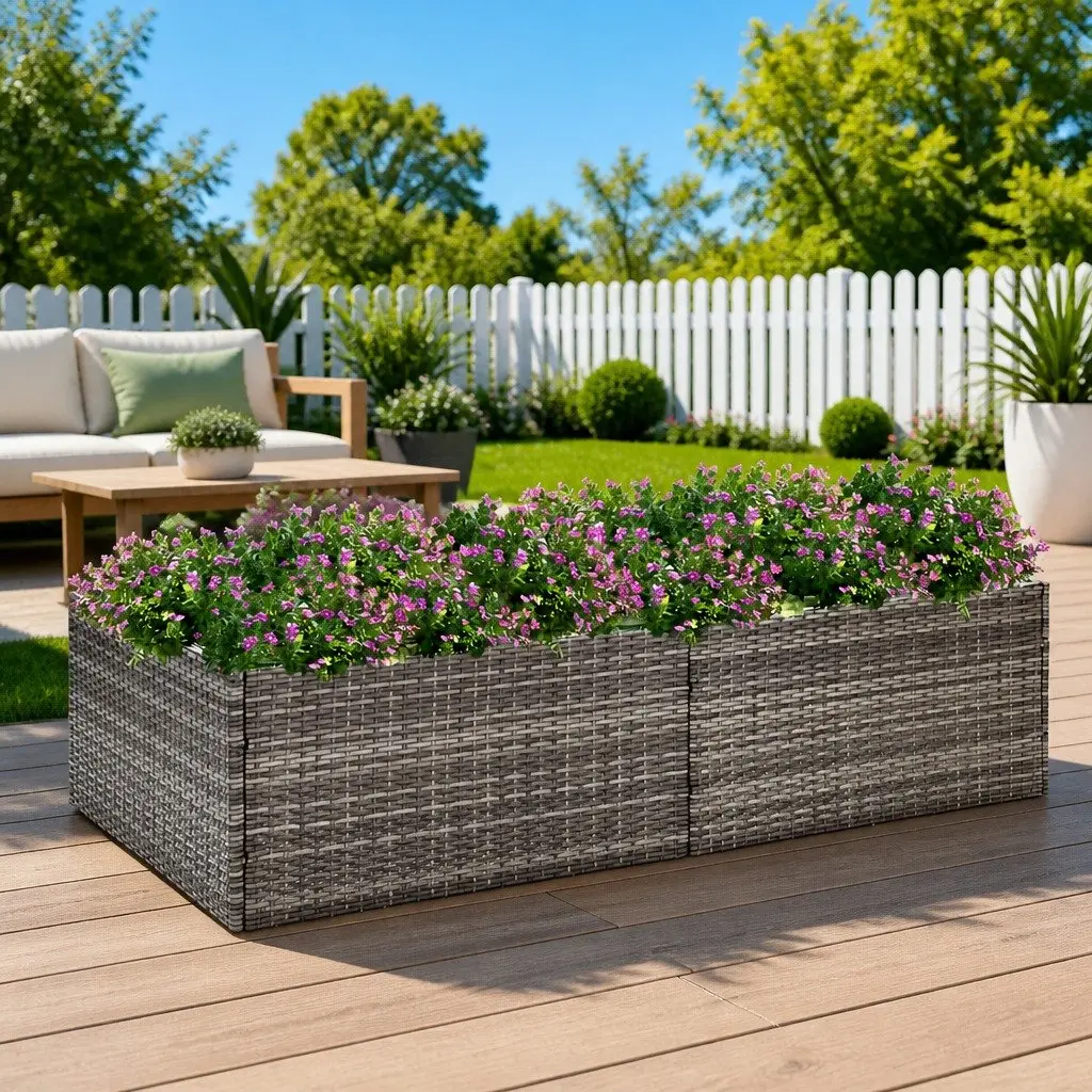 Garden Planter Box Grey Poly Rattan Raised Bed 157L x 80W x 40H cm