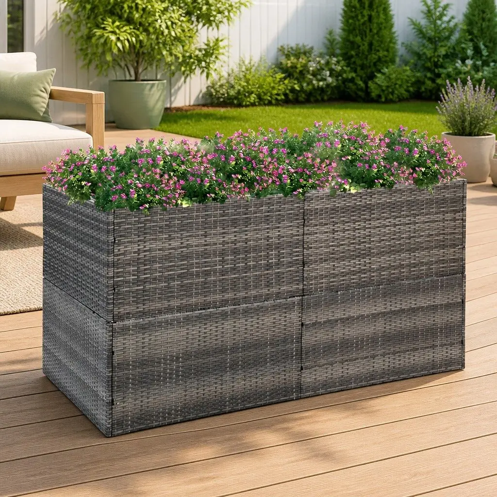 Raised Garden Planter Box Grey PE Rattan Durable Powder Coated Steel Outdoor 157x80x80cm