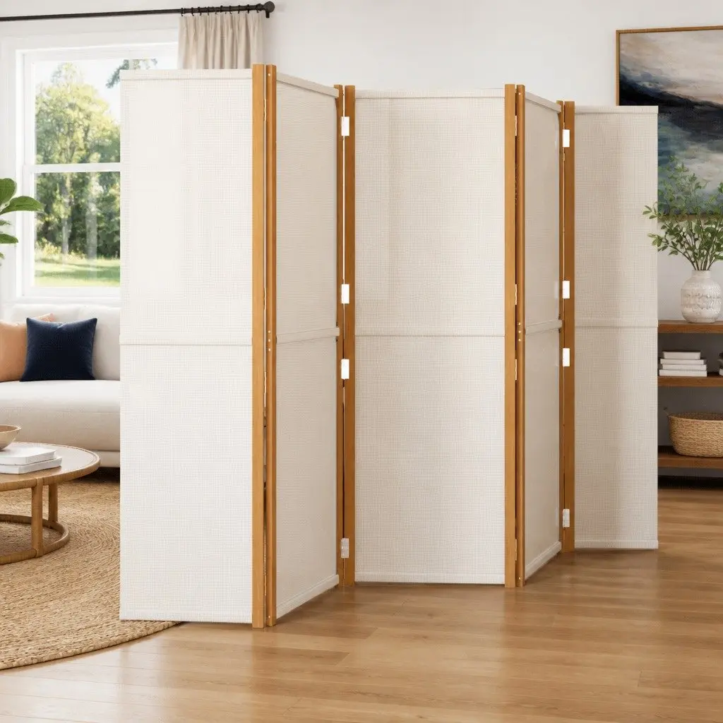 5-Panel Room Divider Cream White Folding Privacy Screen 350 x 180 cm