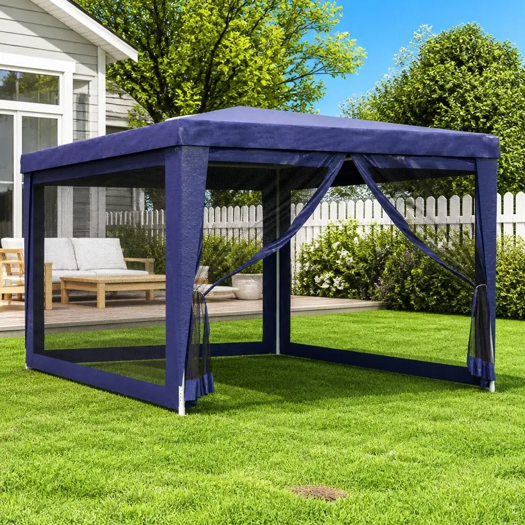 Party Tent Gazebo Blue 3x4m Outdoor Canopy with Mesh Sidewalls