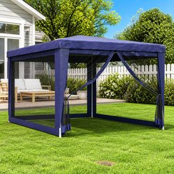 Party Tent Gazebo 3x4m Outdoor Marquee Mesh Sidewalls Blue Canopy Shelter