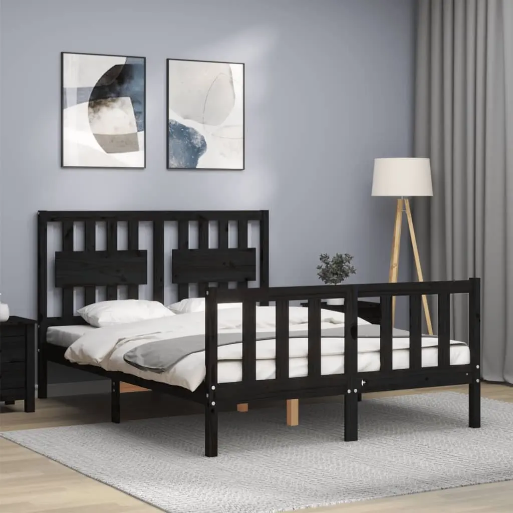 Solid Wood Pine Bed Frame 135x190 cm Black Wooden Bed with Headboard Footboard
