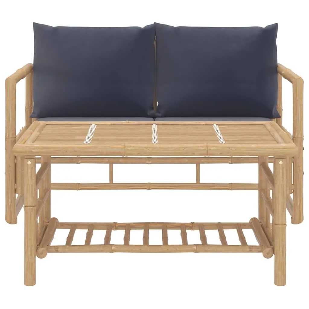 Bamboo Garden Lounge Set Slatted Seating with Grey Cushions 2 Piece