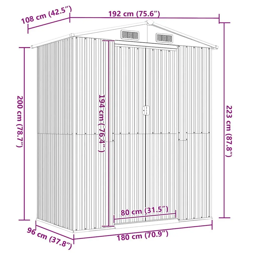 Garden Shed Light Grey Galvanised Steel Outdoor Storage 192x108x223cm