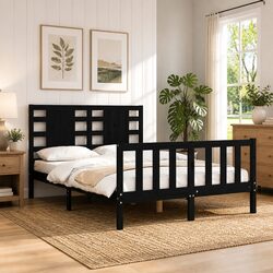Solid Pine Wood Bed Frame Black 135x190 cm Wooden Bedroom Furniture Sleep