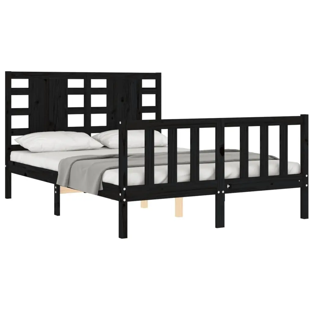 Black Bed Frame Solid Pine Wood 135x190 cm Sturdy Furniture with Headboard and Footboard