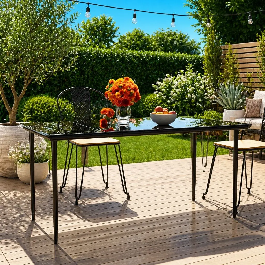 Garden Dining Table Black Steel Tempered Glass 160x80x74cm