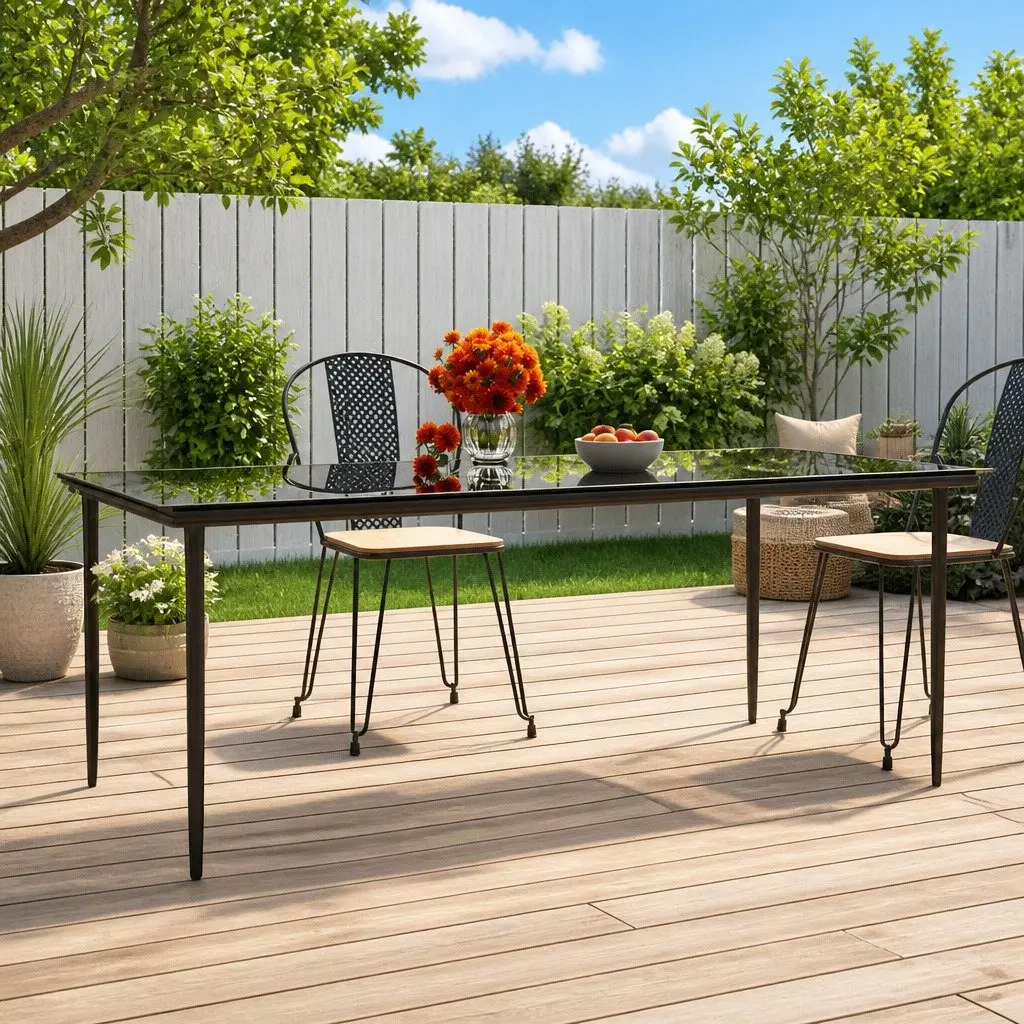 Garden Dining Table Black Powder-coated Steel Tempered Glass 200x100x74cm