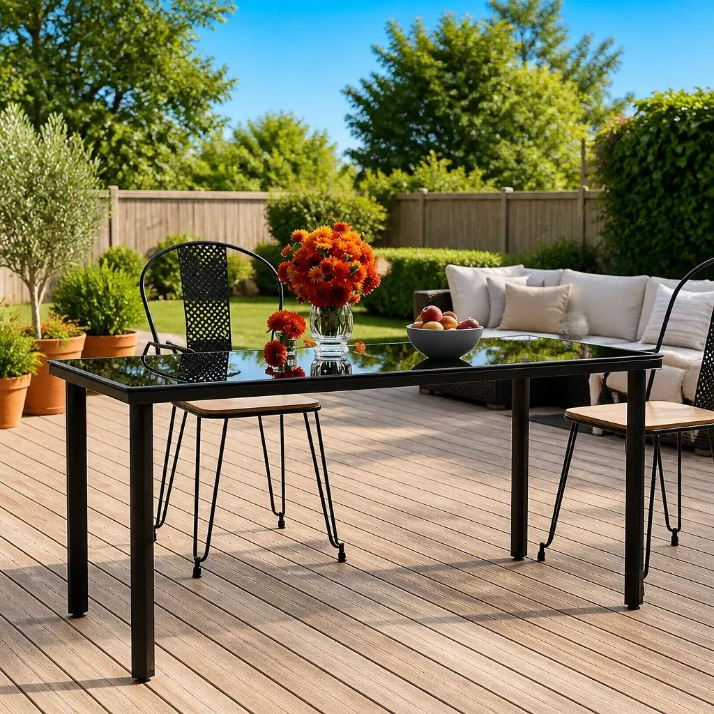 Garden Dining Table Black 160x80x74cm Outdoor Furniture Steel Frame Tempered Glass
