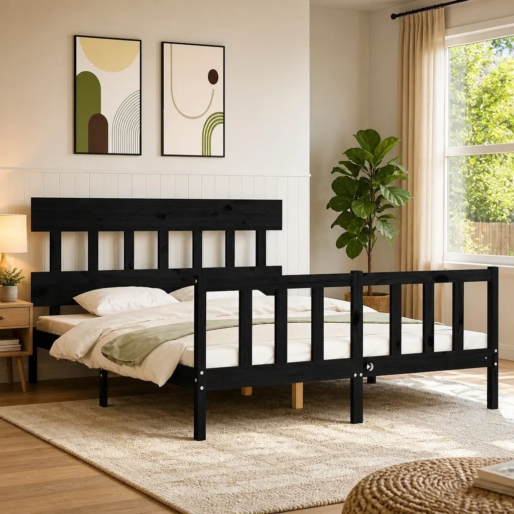 Bed Frame Solid Pine Wood Black 150x200 cm Headboard Footboard