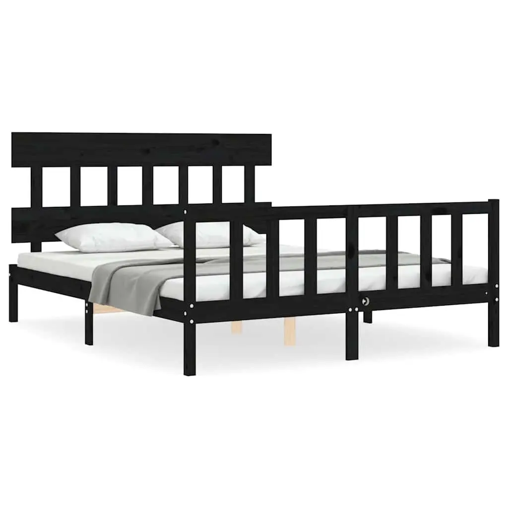 Bed Frame Solid Pine Wood Black 150x200 cm Headboard Footboard