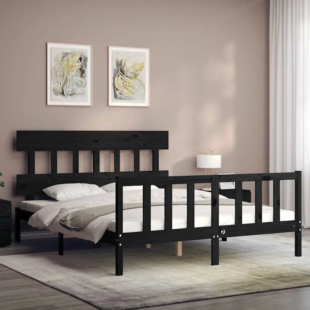 Bed Frame Solid Pine Wood Black 150x200 cm Headboard Footboard