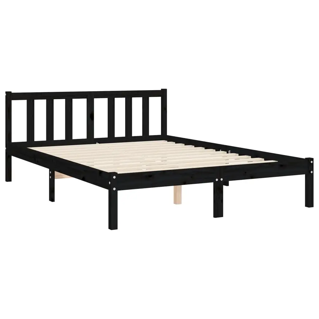 Solid Wood Bed Frame Black 135x190 cm Pine Wooden Bedroom Furniture Headboard