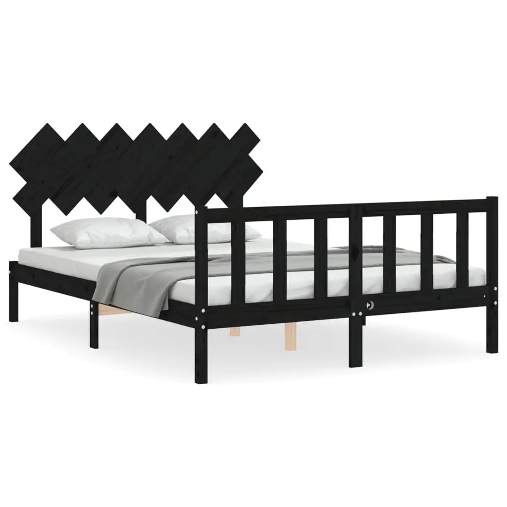 Bed Frame 150x200 cm Solid Pine Wood Headboard Footboard Black Bedroom Furniture