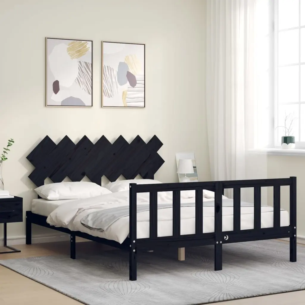 Bed Frame 150x200 cm Solid Pine Wood Headboard Footboard Black Bedroom Furniture