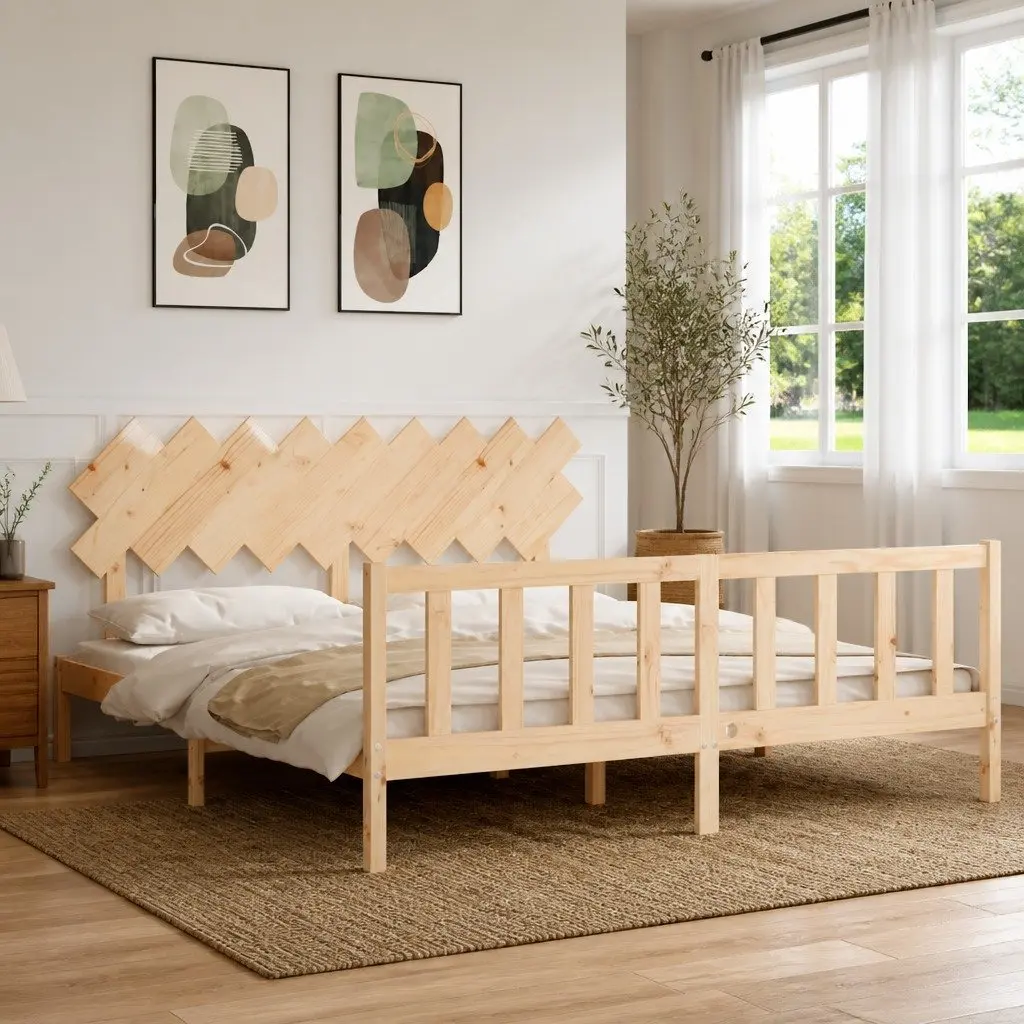 King Bed Frame Solid Pine Wood 183x203 cm with Plywood Slats