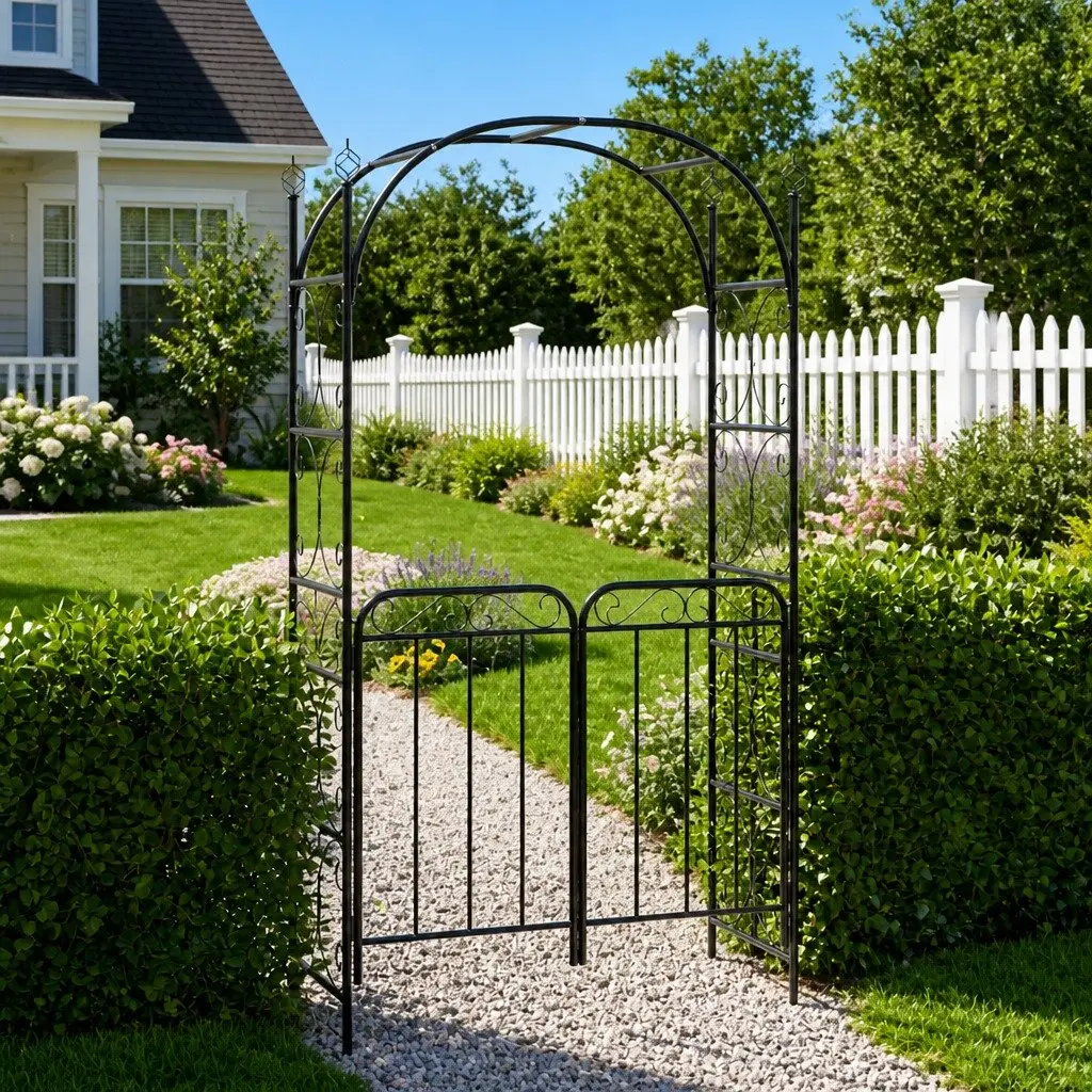 Garden Arch with Gate Black Steel Outdoor Trellis Structure 108x45x235cm