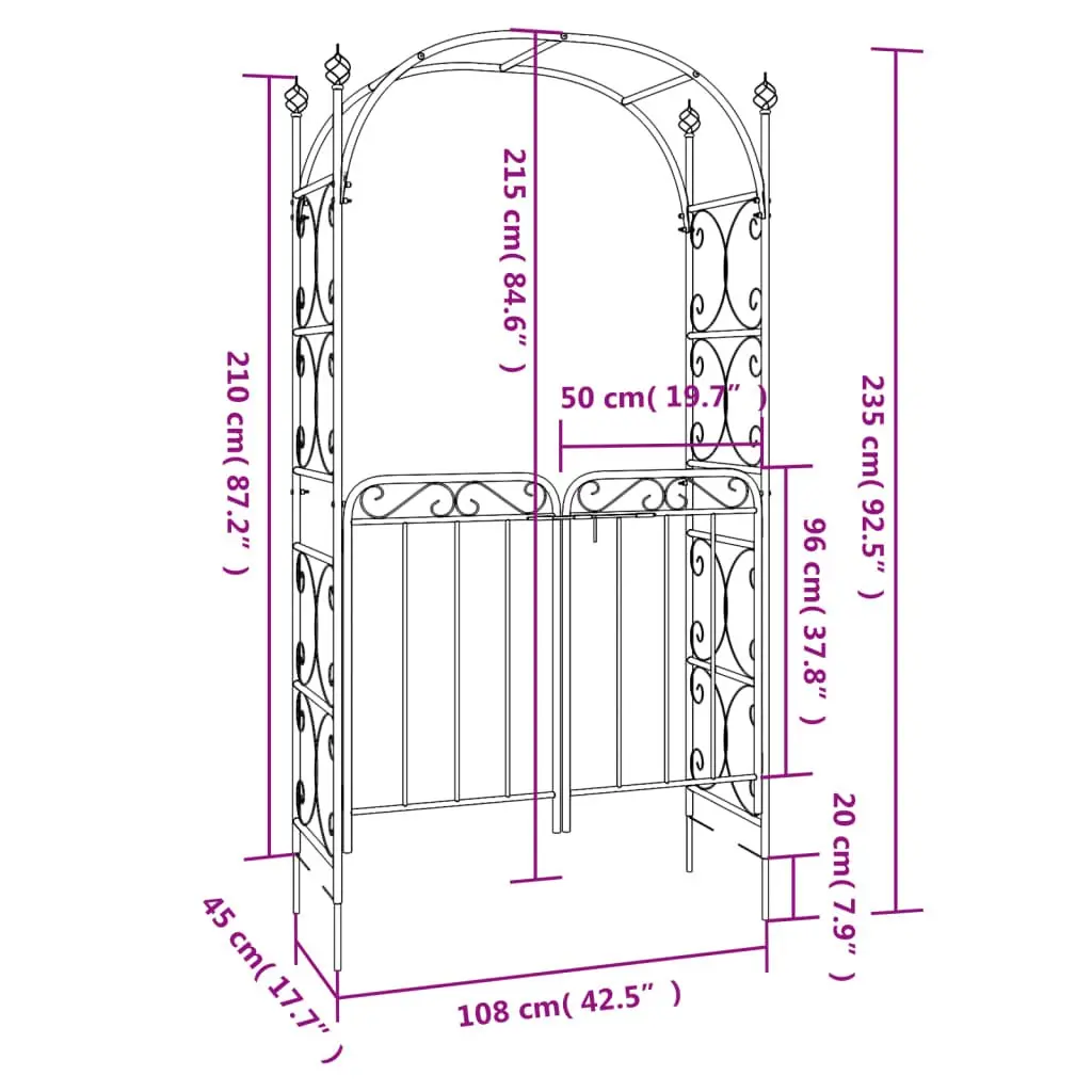 Garden Arch with Gate Black Steel Outdoor Trellis Structure 108x45x235cm
