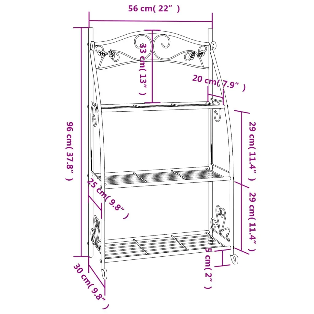 3-Tier Plant Stand Black Steel Ladder Shelf 56x30x96cm