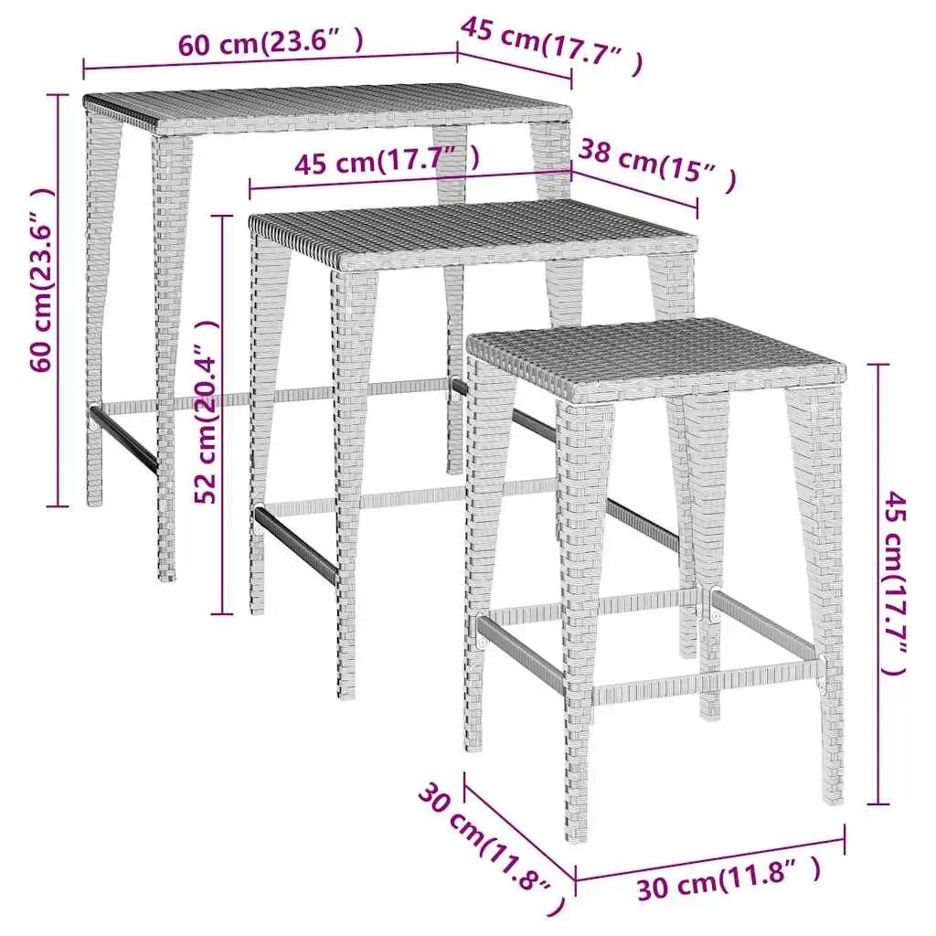 Nesting Tables Set Brown 3 Pieces Outdoor Indoor Furniture