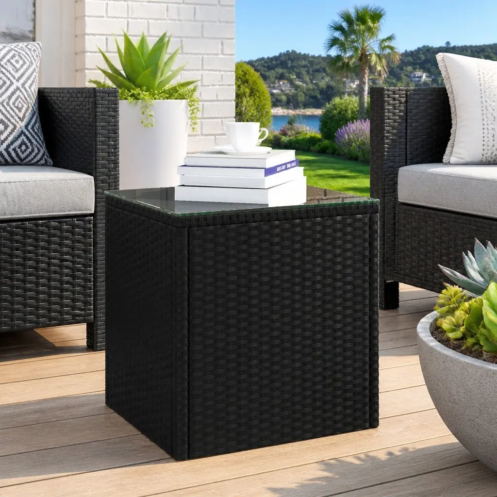 End Table Black Poly Rattan Tempered Glass Top 40x37x40.5cm