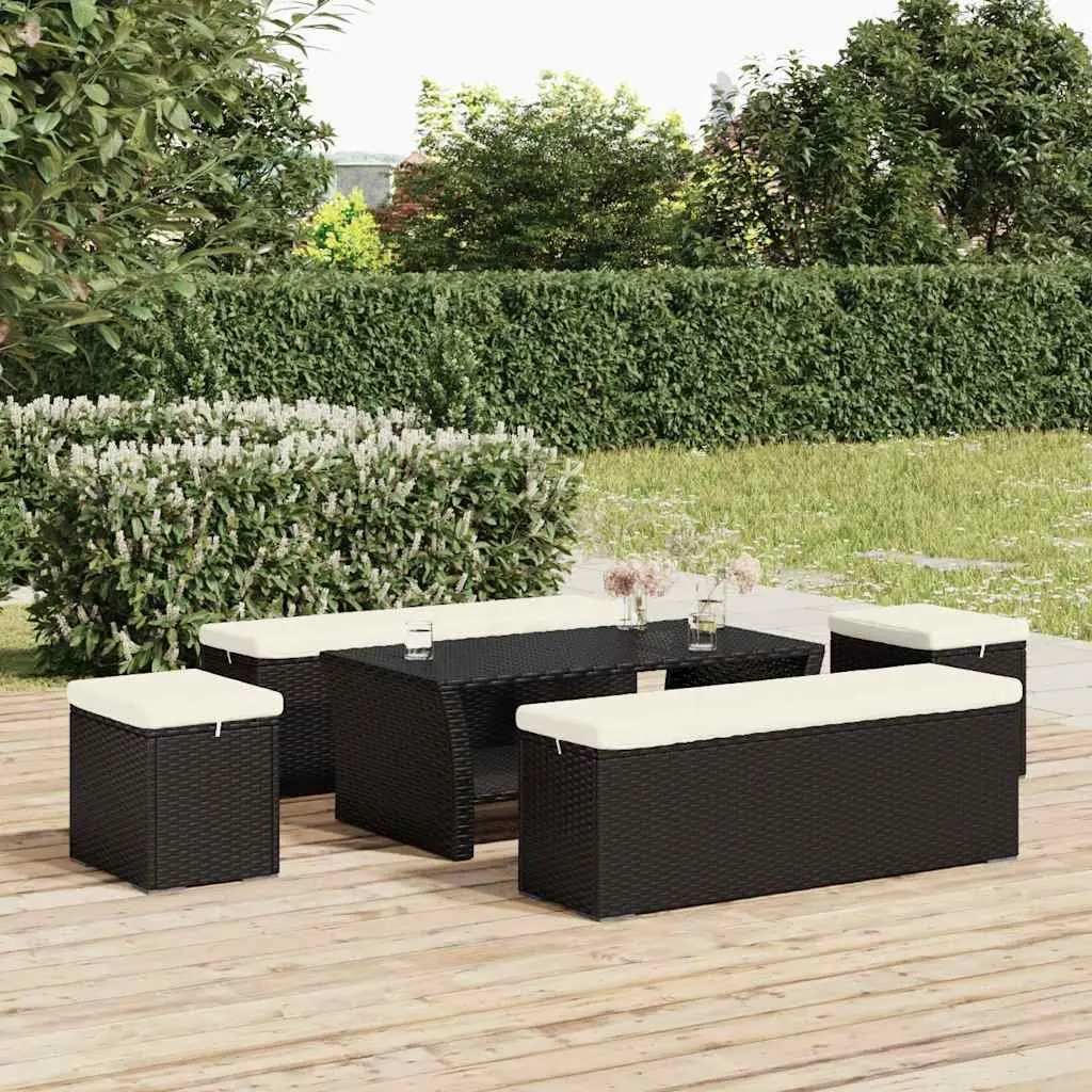 Outdoor Footstool Ottoman with Removable Cushion Black Poly Rattan Seat